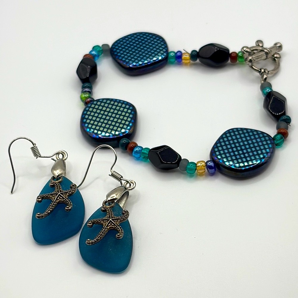 Oceanic Blue Mermaid Scales Glass Bracelet Starfish Beach Glass Earrings Bundle